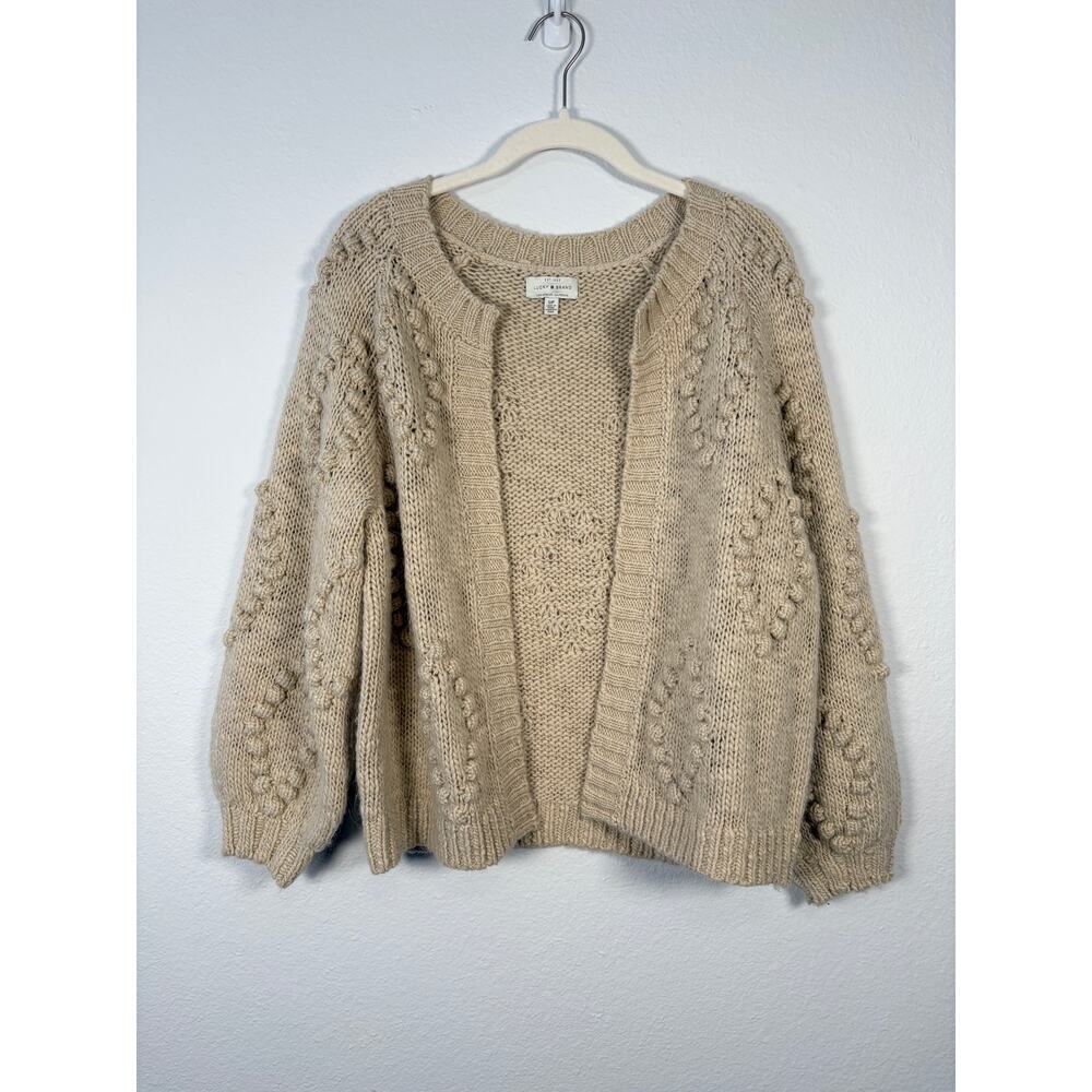 Lucky Brand Cream Open Front Chunky Diamond Knit Bobble Cardigan Sweater - Picture 2 of 9